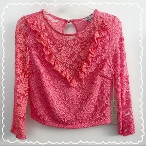 Iris (juniors) mesh lace & ruffle crop top, 3/4 sleeves, hot pink